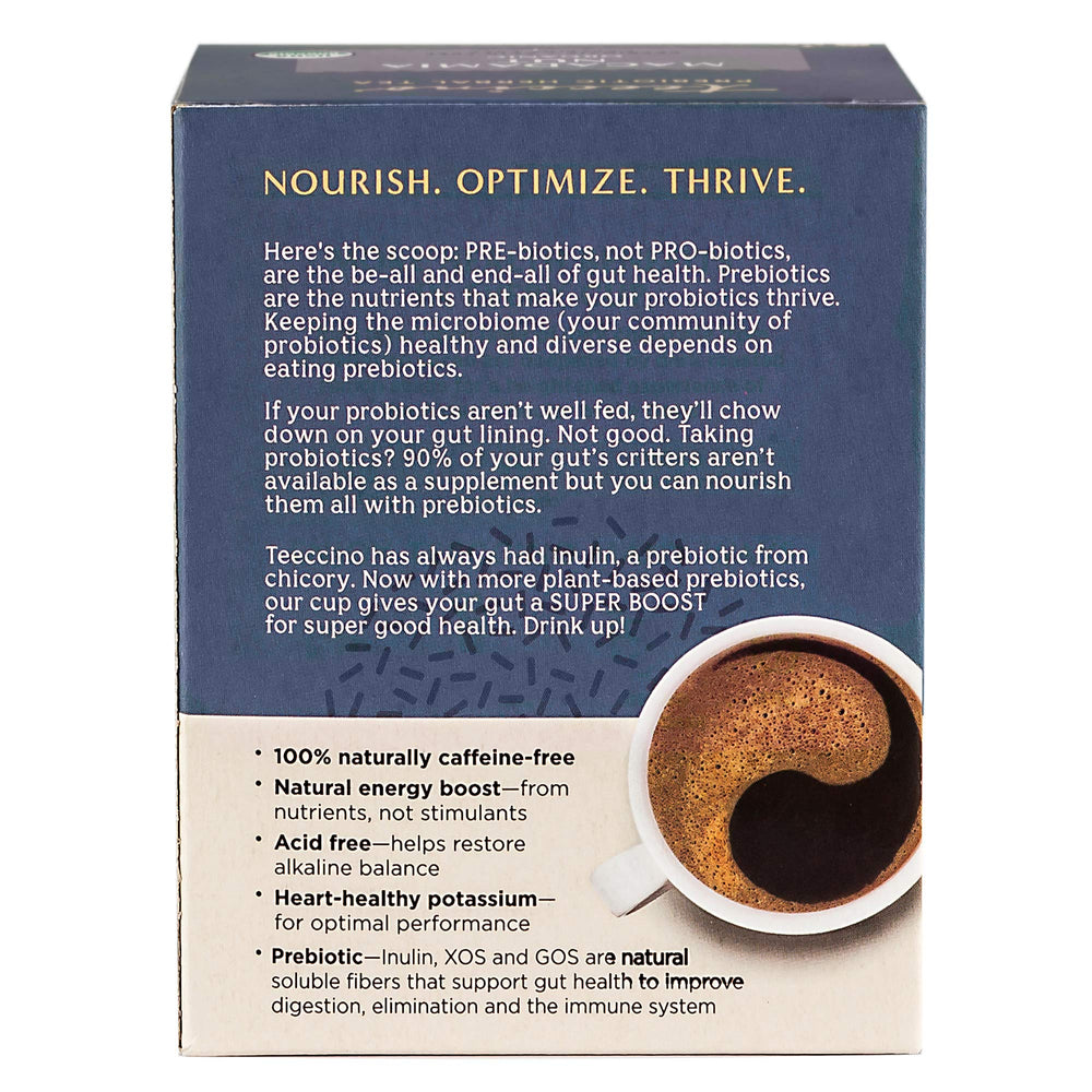 Teeccino Dark Chocolate Prebiotic Tea with ice suggests refreshing cold brew option