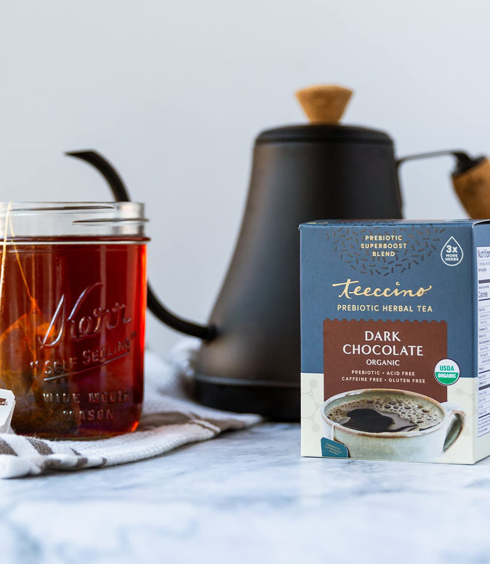 Teeccino Dark Chocolate Prebiotic Tea latte image invites creamy dairy-free indulgence