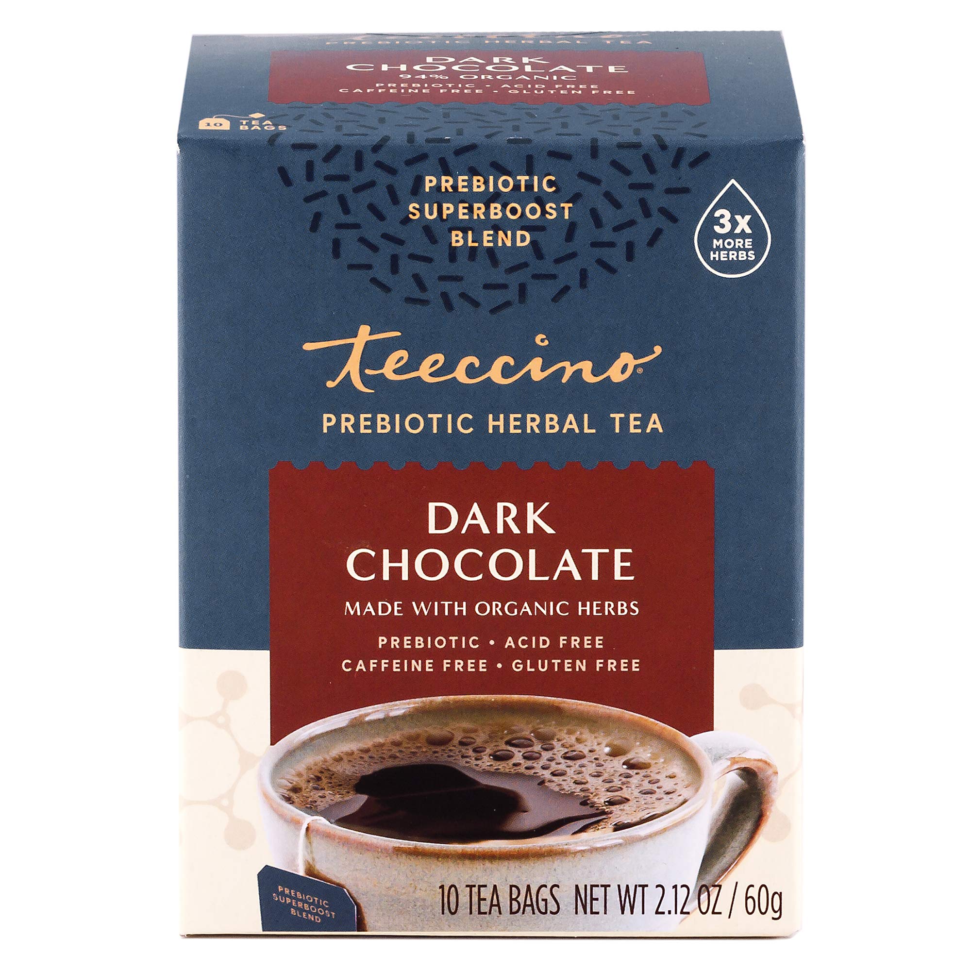 Teeccino Dark Chocolate Prebiotic Tea mug captures a comforting, gut-friendly routine