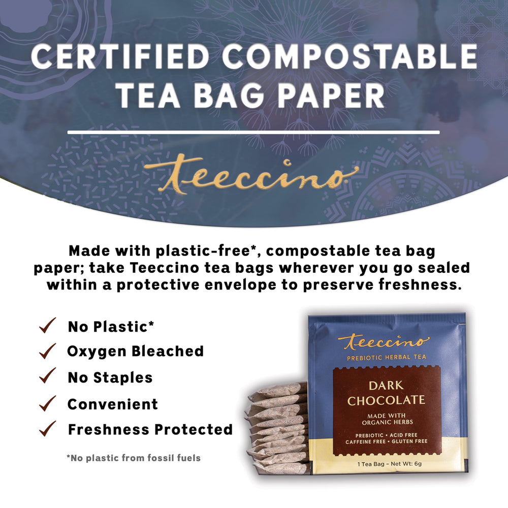 Teeccino Dark Chocolate Prebiotic Tea packaging on desk signaling convenient, anytime enjoyment