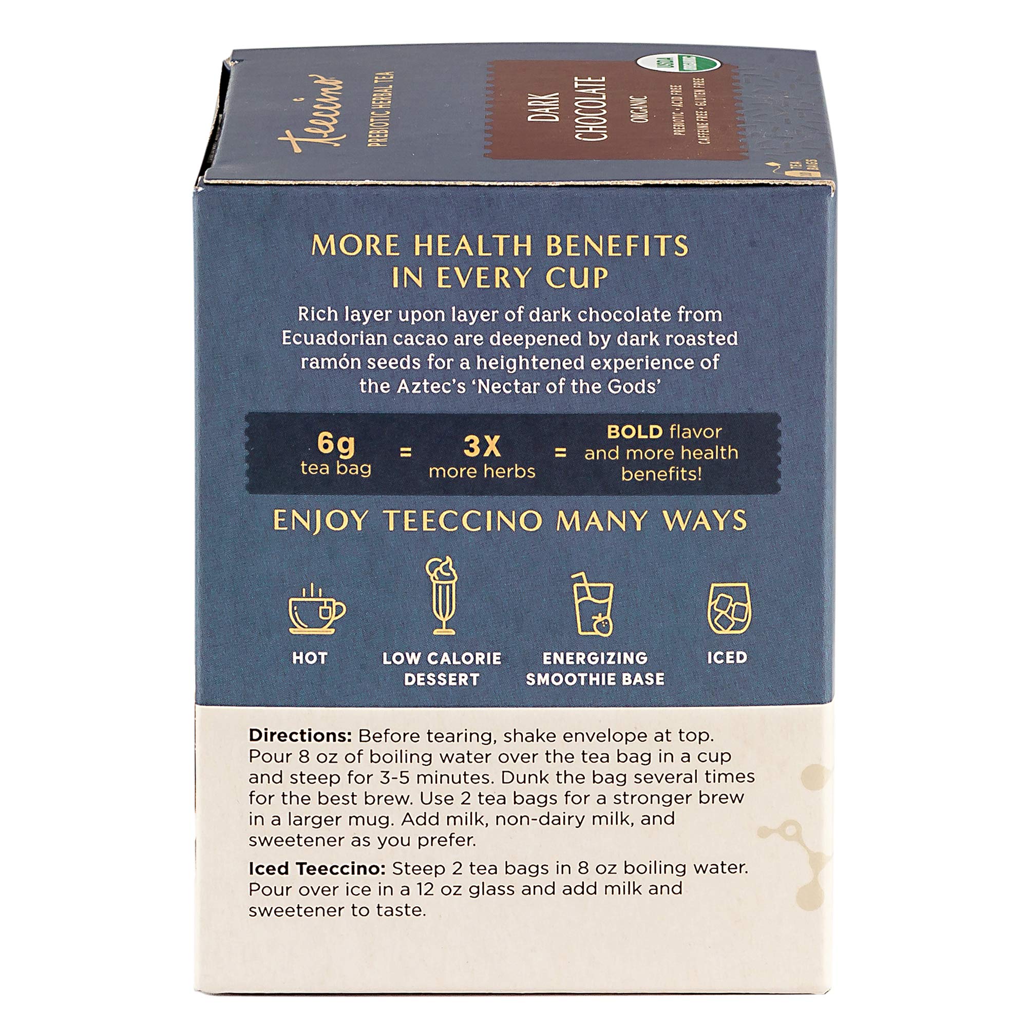 Teeccino Dark Chocolate Prebiotic Tea steeping image promises rich aroma and smooth finish