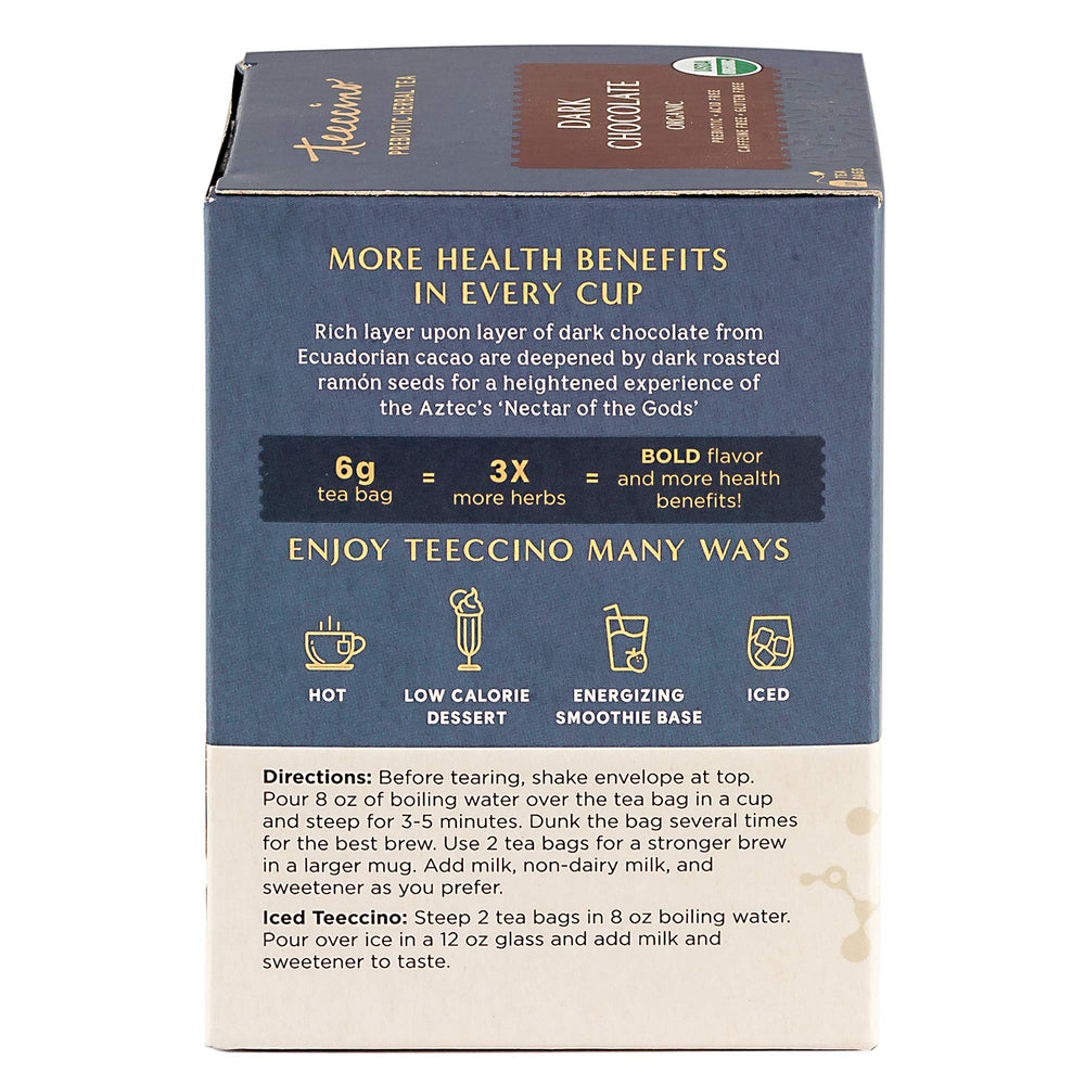 Teeccino Dark Chocolate Prebiotic Tea steeping image promises rich aroma and smooth finish