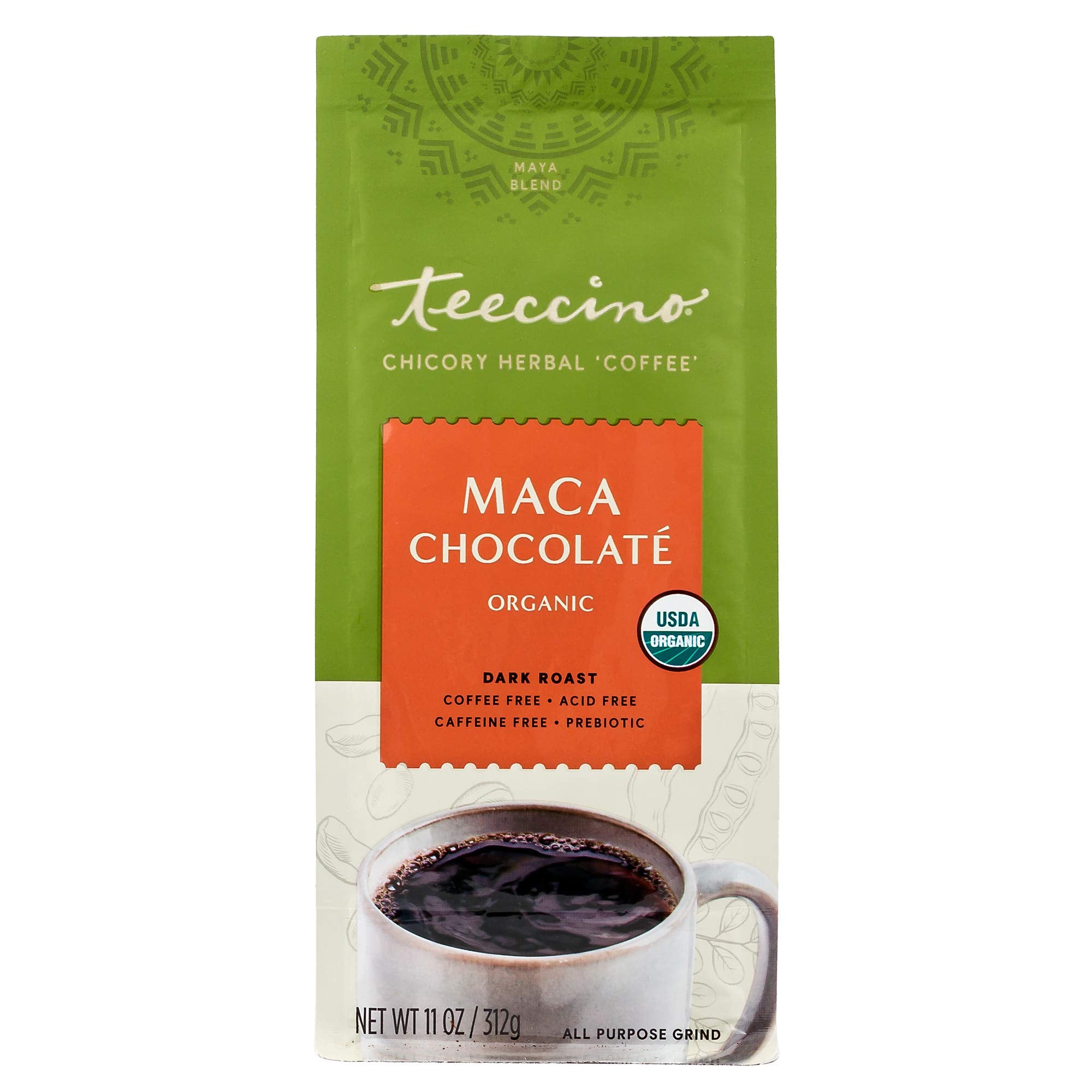 Teeccino dark roast ground herbal coffee image conveys deep aroma for sipping.