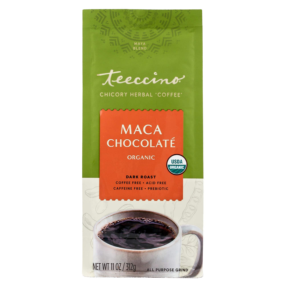 Teeccino dark roast ground herbal coffee image conveys deep aroma for sipping.