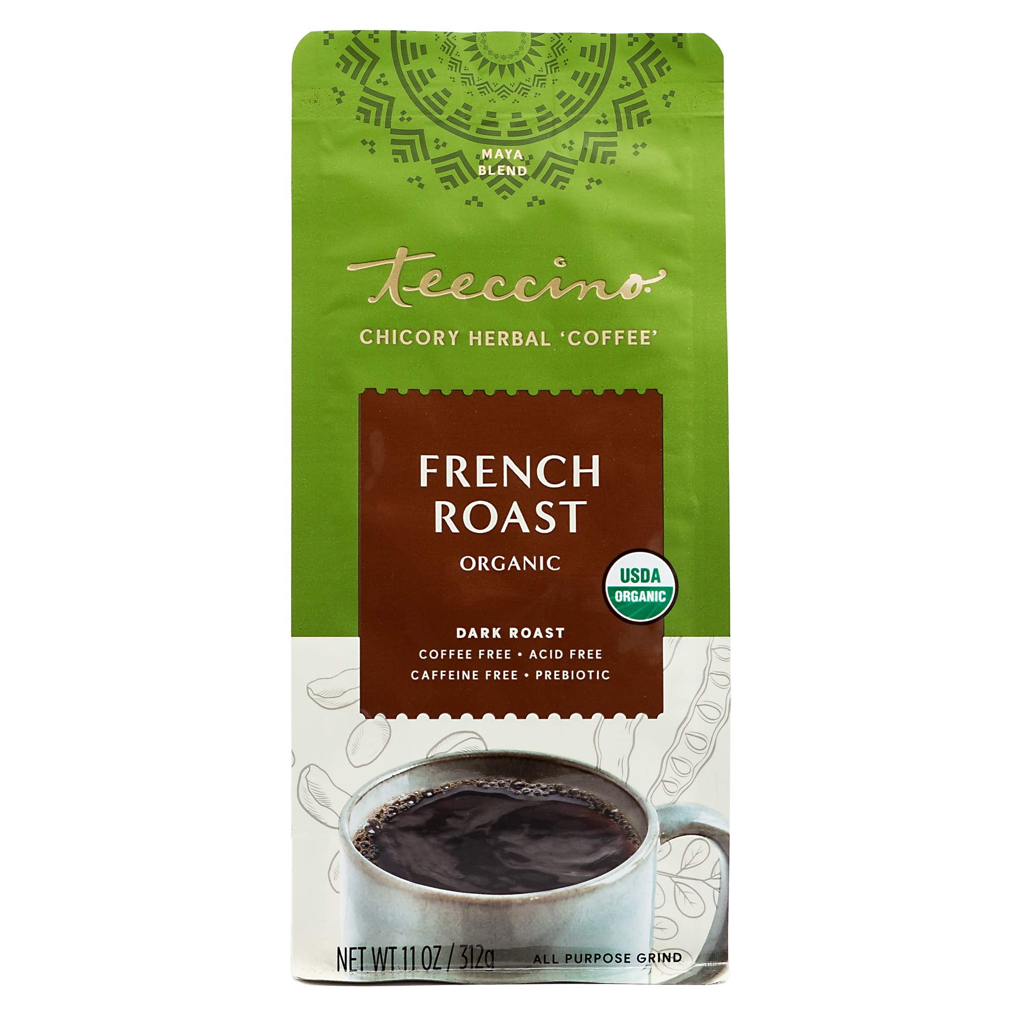 Teeccino French Roast setup beside a coffee maker promotes versatile brewing options.