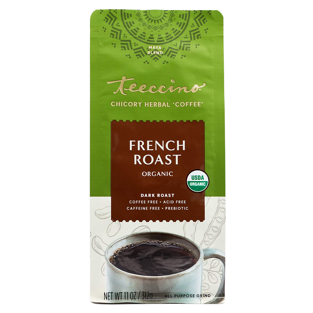Teeccino French Roast setup beside a coffee maker promotes versatile brewing options.