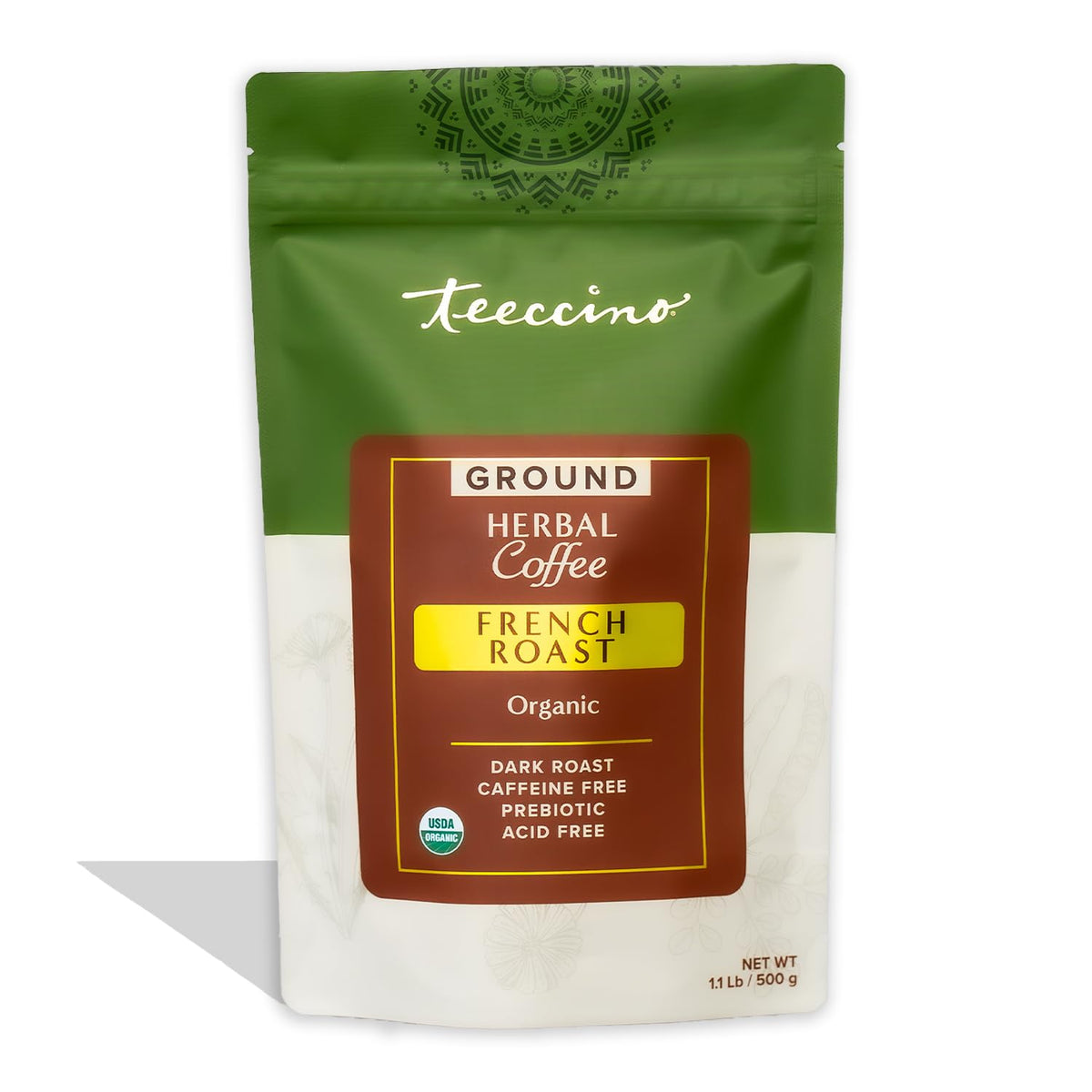 Teeccino French Roast chicory ground coffee bag showing bold flavor without caffeine