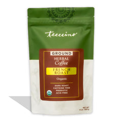 Teeccino French Roast chicory ground coffee bag showing bold flavor without caffeine