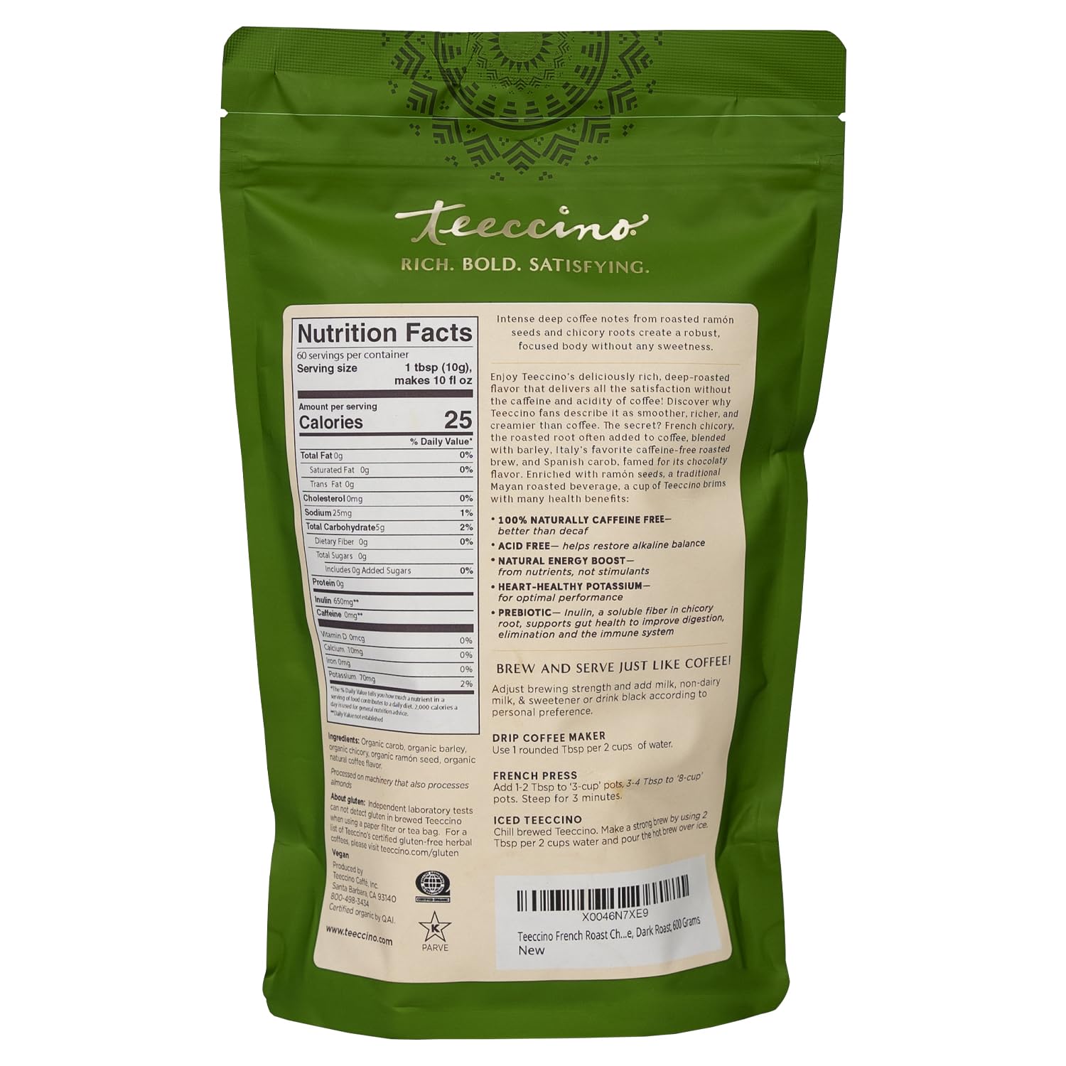 Teeccino French Roast iced coffee in glass for a refreshing caffeine-free option