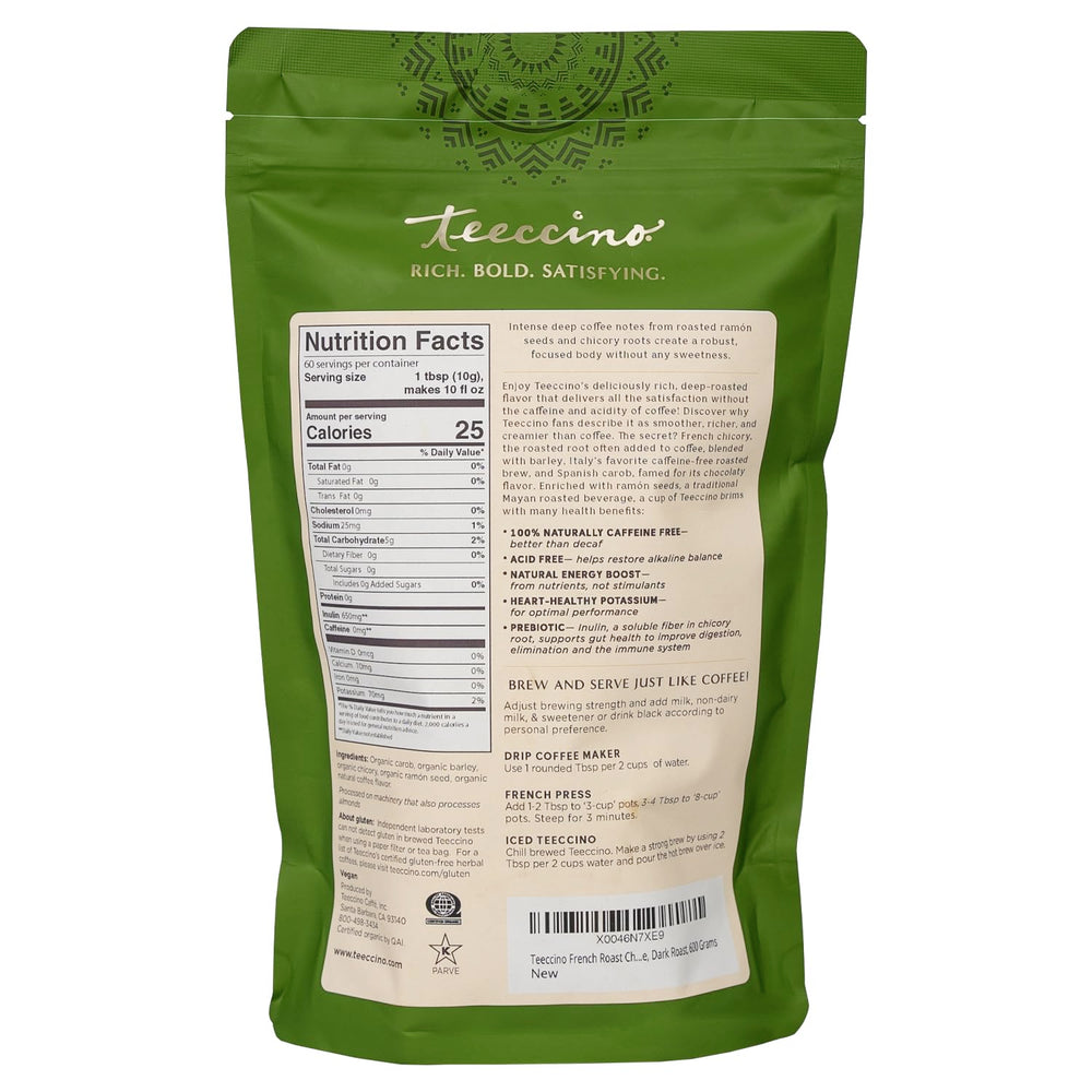Teeccino French Roast iced coffee in glass for a refreshing caffeine-free option
