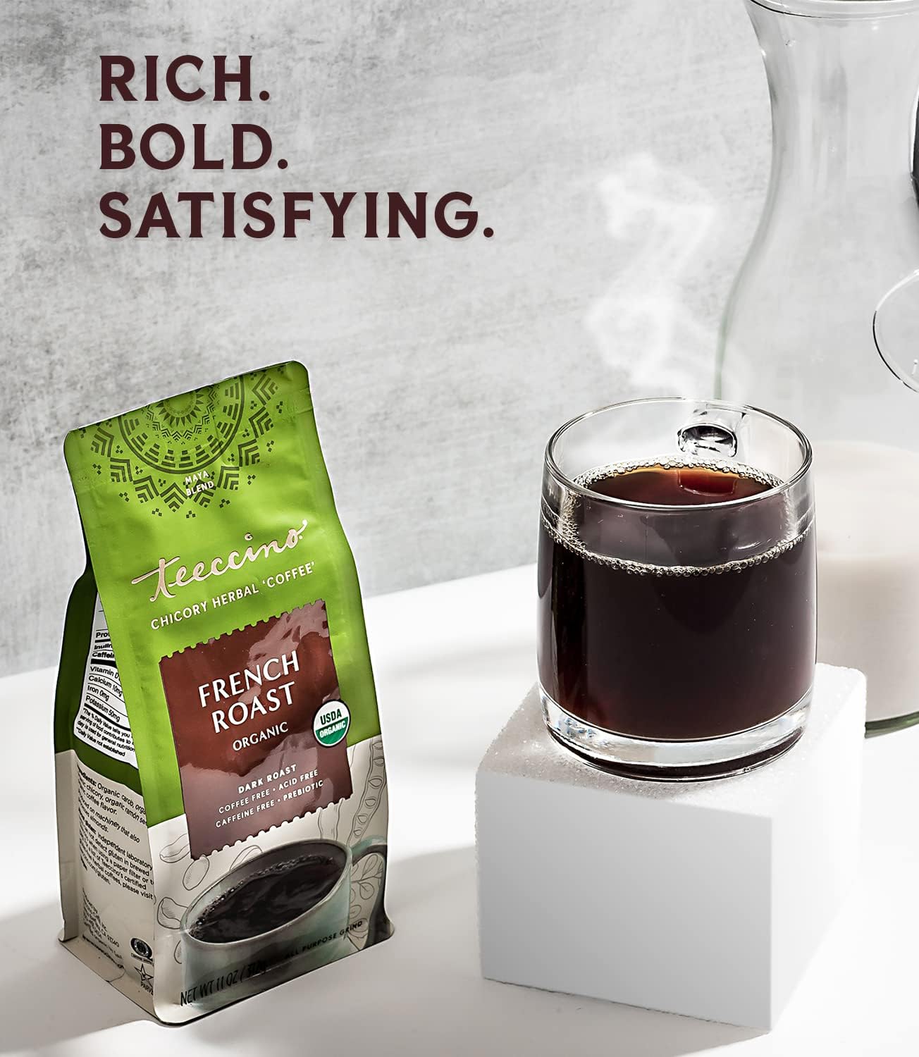 Teeccino French Roast packaging signals natural flavor with no artificial ingredients.