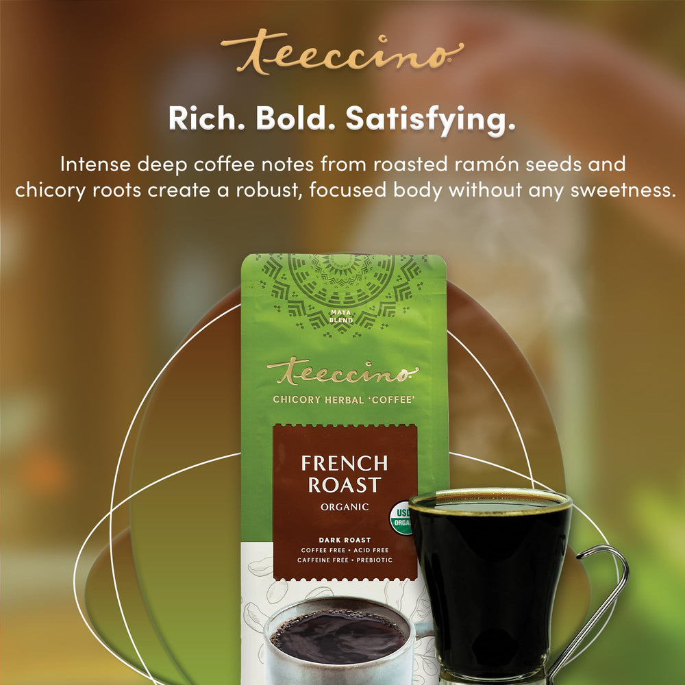 Teeccino French Roast close-up confirms organic, non-GMO herbs used.