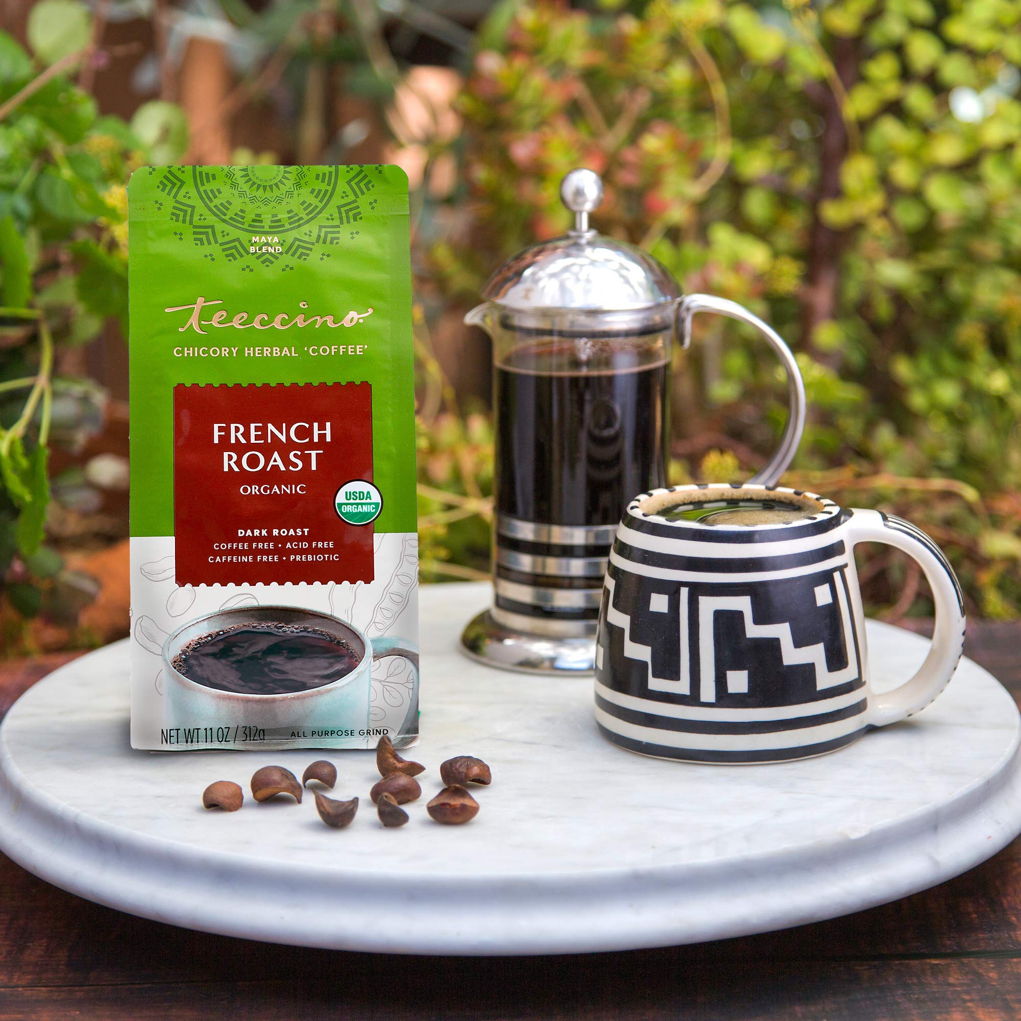 Teeccino French Roast chicory bag on shelf suggests everyday caffeine-free ritual.