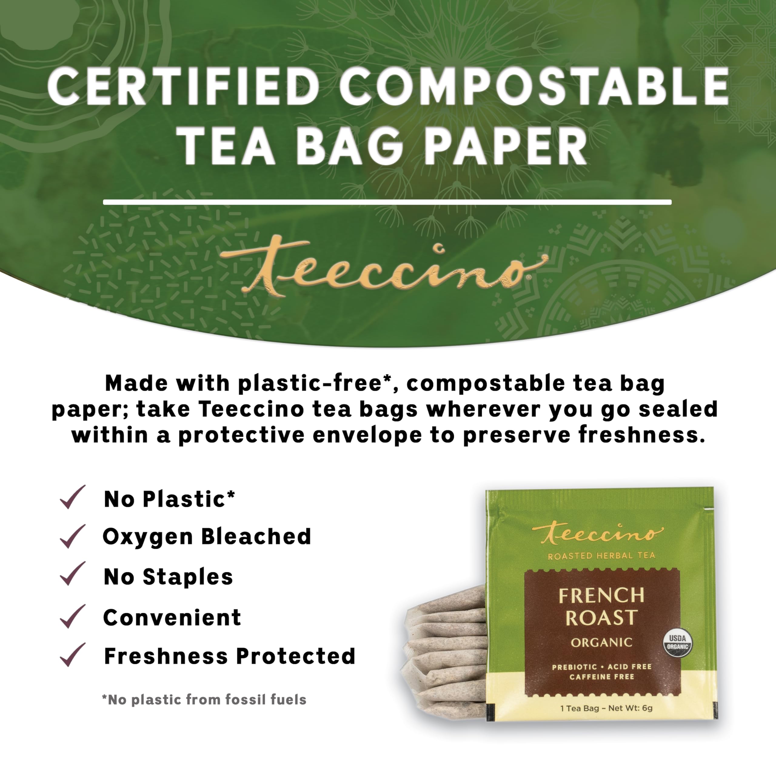 Teeccino French Roast chicory root close-up emphasizes prebiotic inulin for gut-friendly flavor.