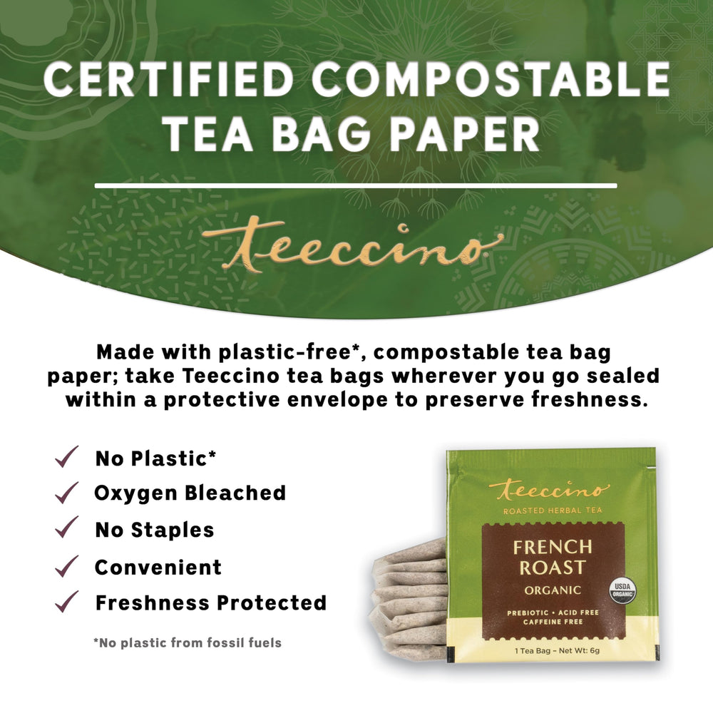Teeccino French Roast chicory root close-up emphasizes prebiotic inulin for gut-friendly flavor.