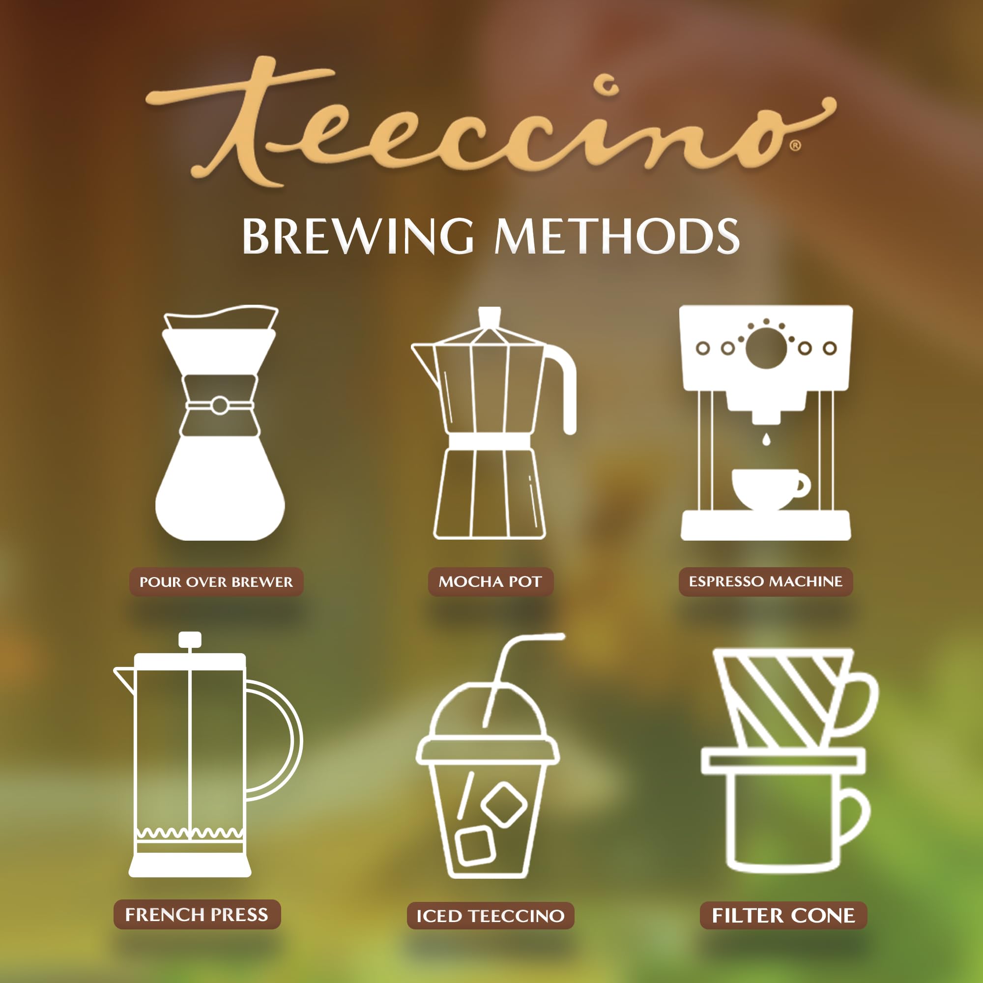 Teeccino French Roast cup emits steam for a comforting caffeine-free beverage.