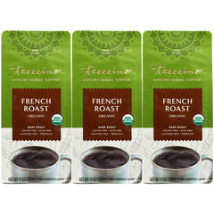 Teeccino French Roast ground pack displays a rich herbal blend for a bold, caffeine-free flavor.