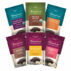 Teeccino French Roast sampler pack with caffeine-free aroma for morning drinks.