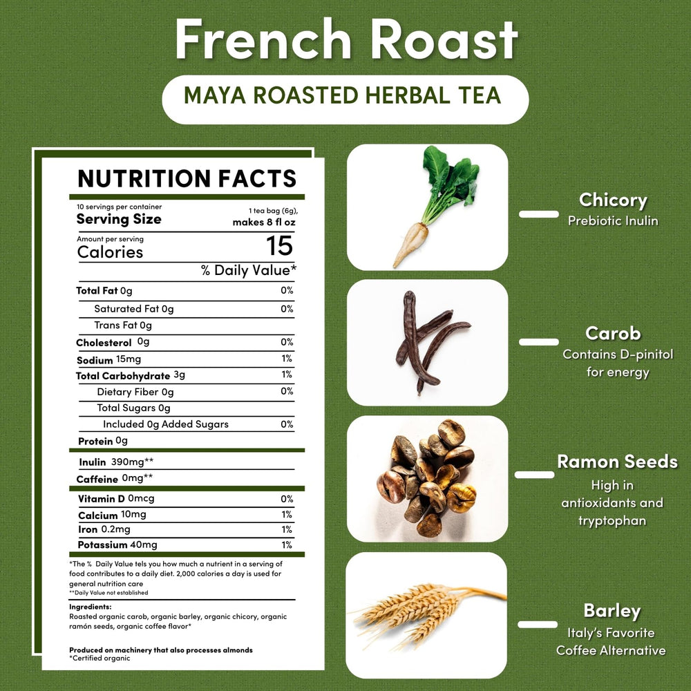 Teeccino French Roast steaming cup highlights bold, coffee-like aroma without caffeine.