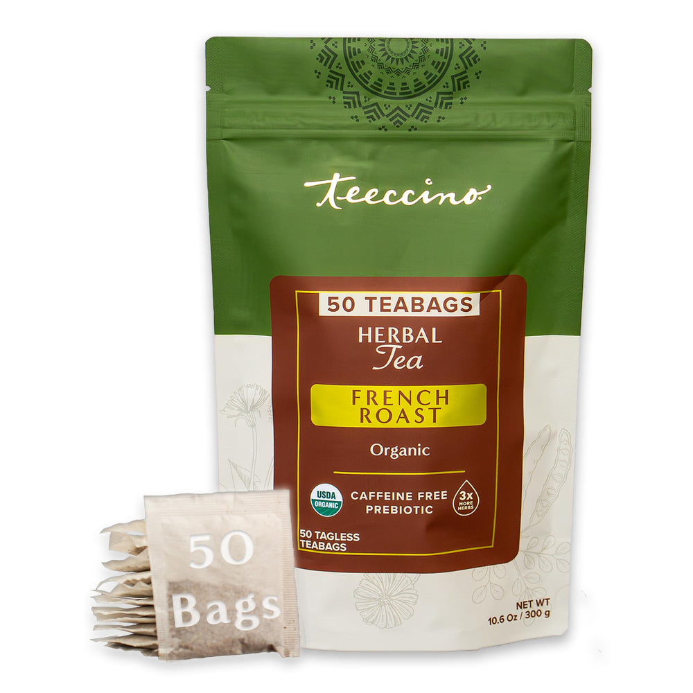 Teeccino French Roast tea bag, tagless and eco-friendly for waste-free brewing.