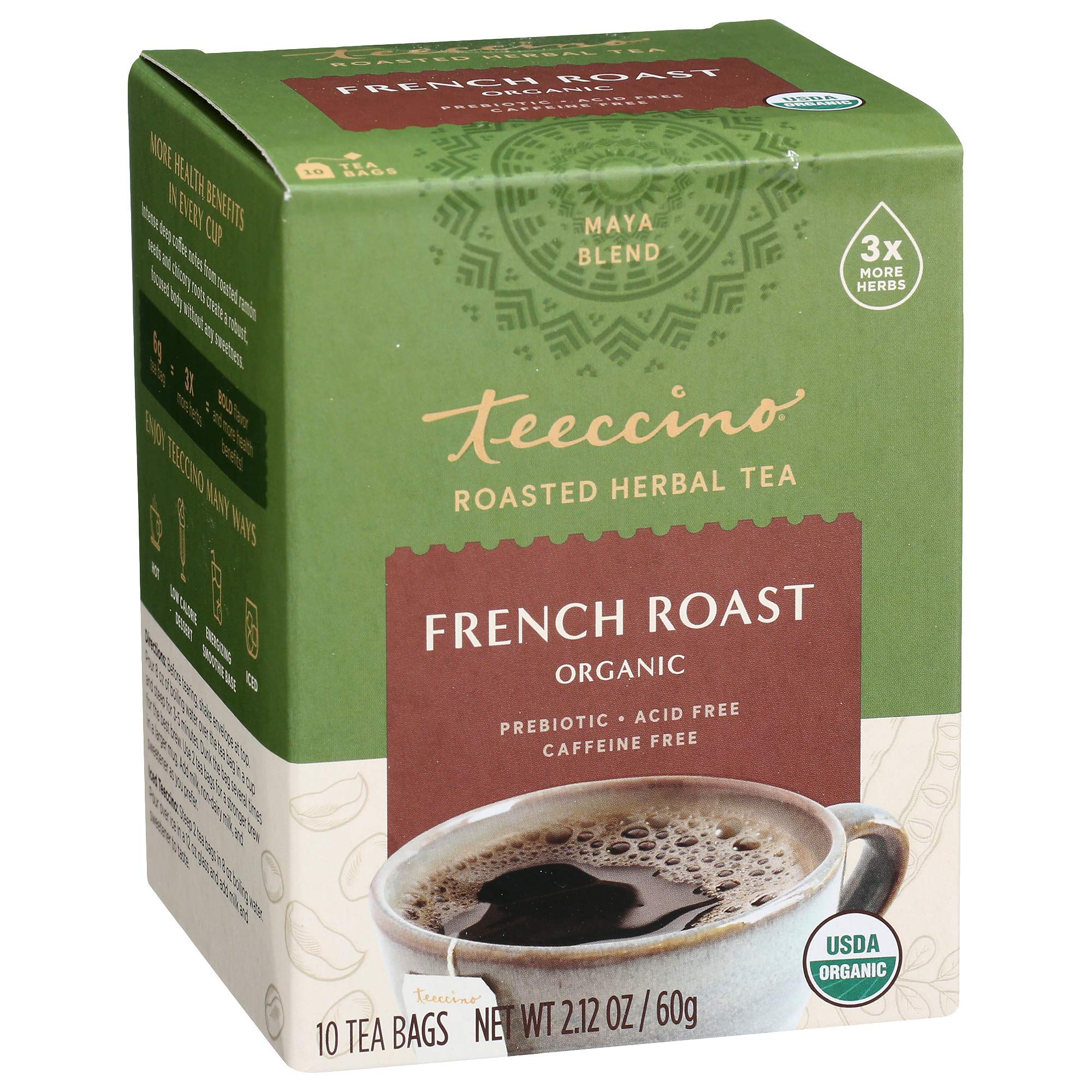 Teeccino French Roast tea bags offer bold, caffeine-free flavor for cozy afternoons.