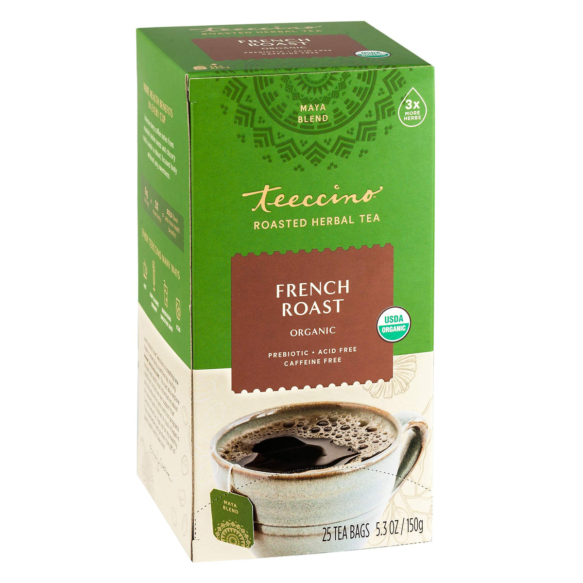 Teeccino French Roast Tea cup steaming with caffeine-free flavor