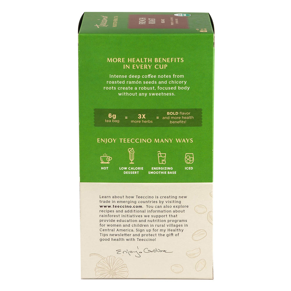 Teeccino French Roast Tea herbs closeup highlighting chicory and ramón seeds