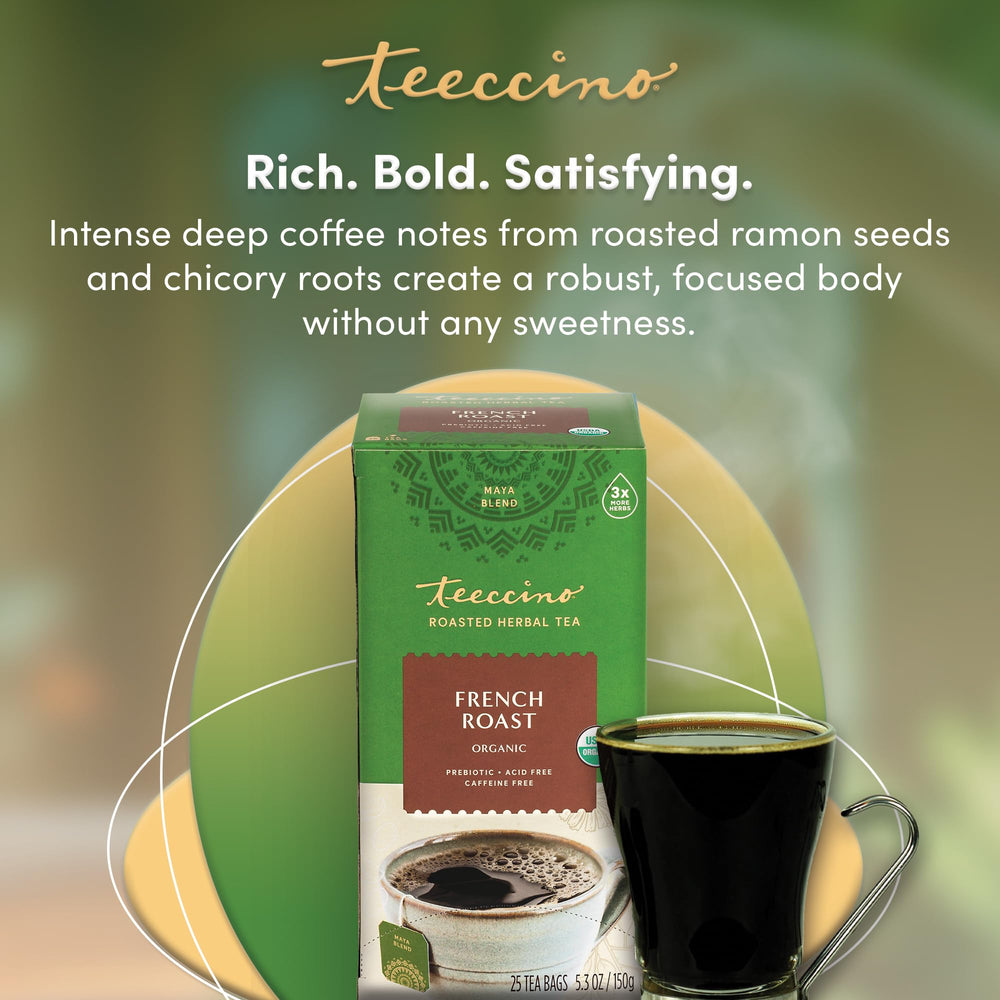 Teeccino French Roast Tea packaging showing organic and non-GMO herbs