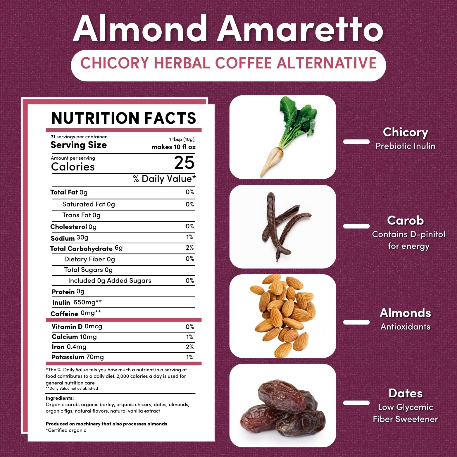 Teeccino ground herbal coffee ready for flavorful almond amaretto aroma.
