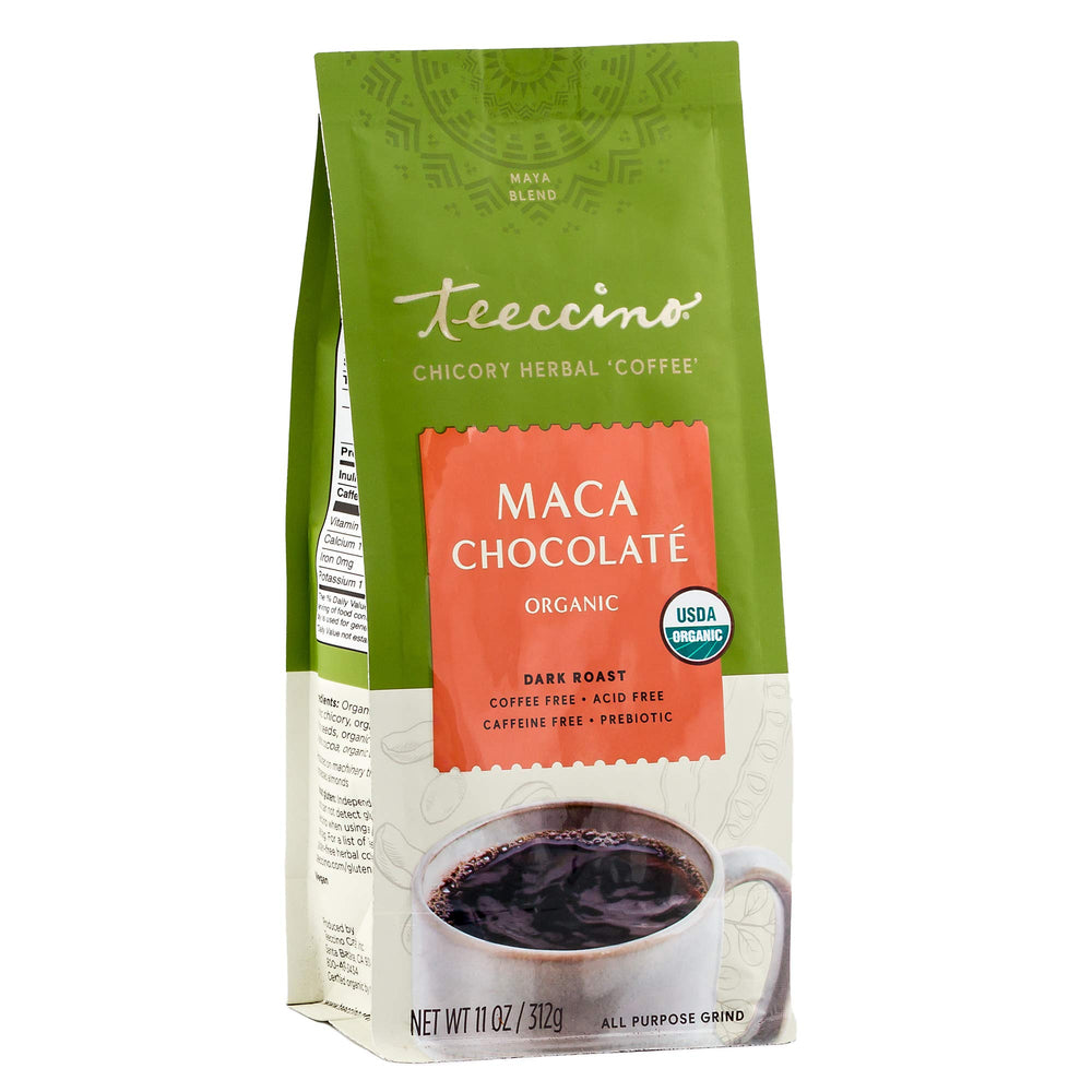 Teeccino ground maca chocolate chicory coffee image showing rich aroma and balanced flavor.