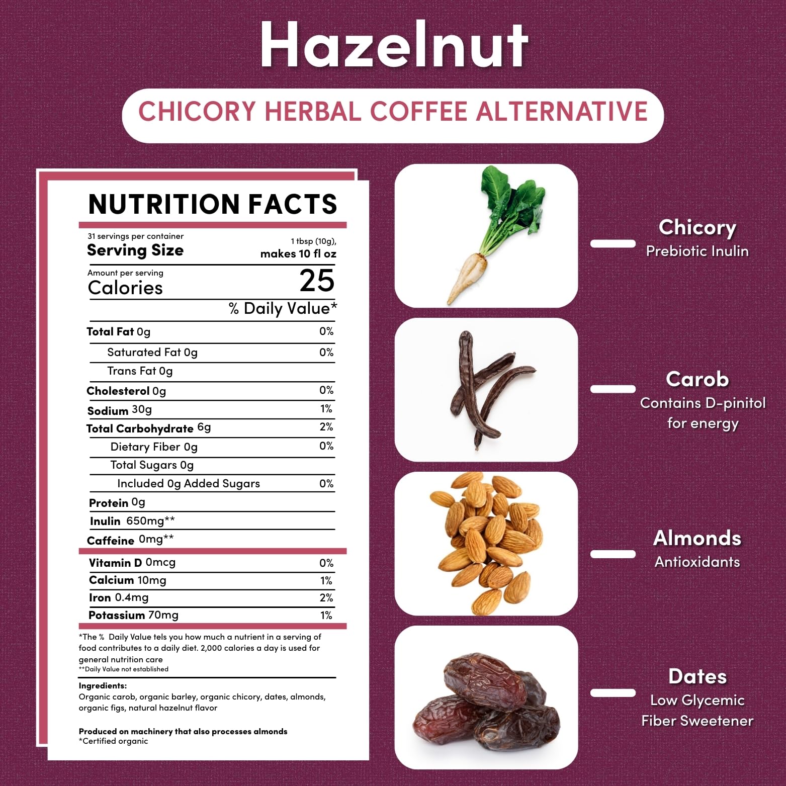Teeccino Hazelnut Chicory brewed cup with smooth, nutty aroma.