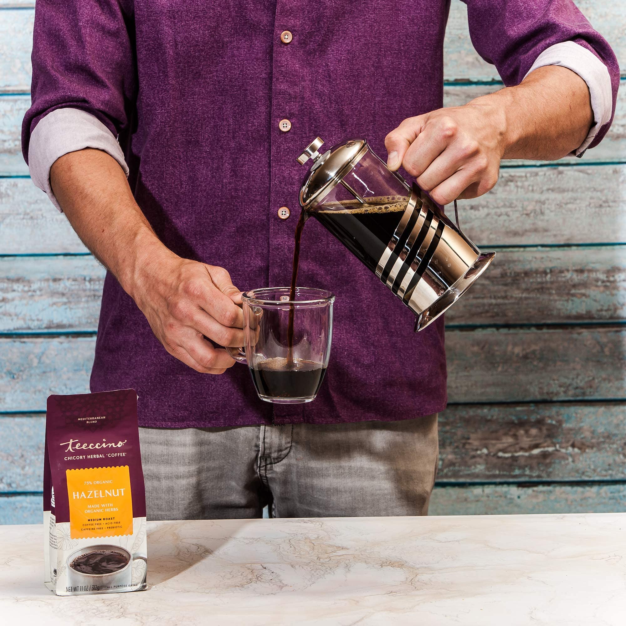 Teeccino Hazelnut Chicory coffee alternative froth shot illustrating creamy texture without caffeine