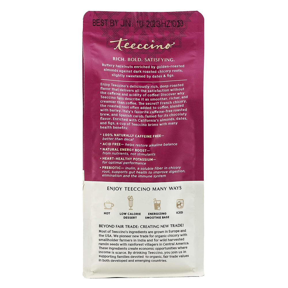 Teeccino Hazelnut Chicory coffee alternative ground pouch ready for quick, caffeine-free brewing