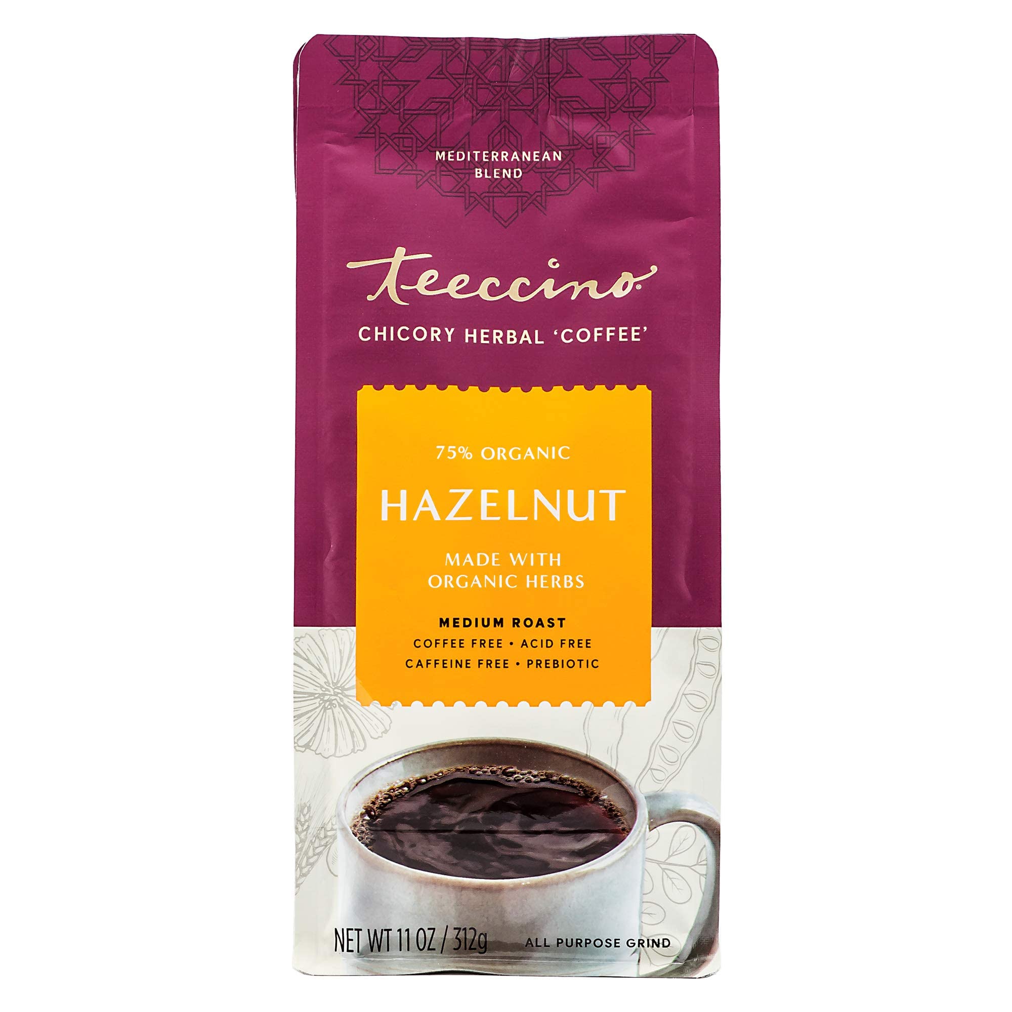 Teeccino Hazelnut Chicory coffee alternative packaging highlights organic certification for quality