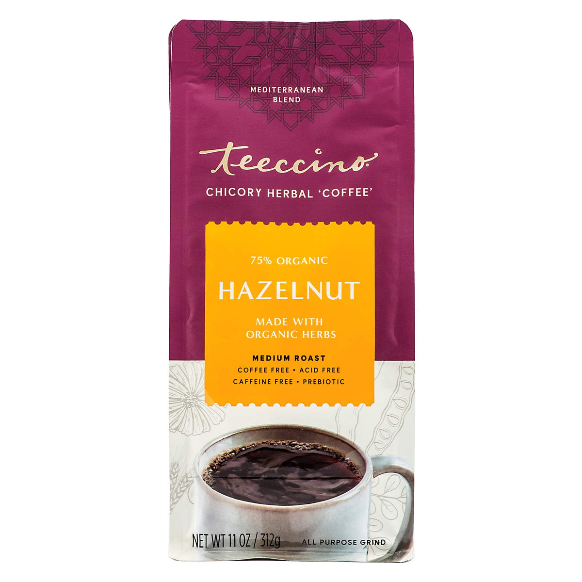 Teeccino Hazelnut Chicory coffee alternative packaging highlights organic certification for quality