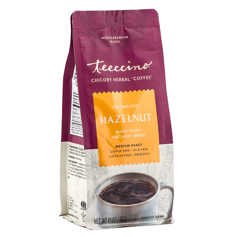Teeccino Hazelnut Chicory Ground Bag for caffeine-free daily brewing.