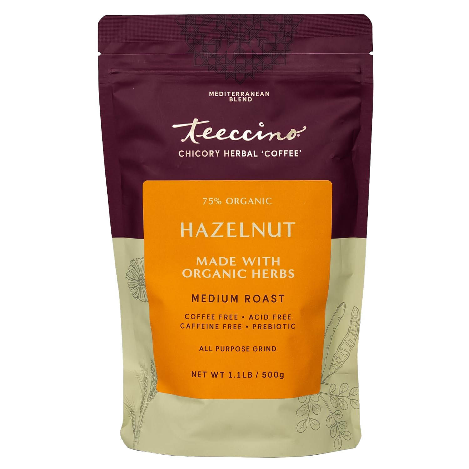 Teeccino Hazelnut Chicory ground coffee pack showing organic blend and aroma.