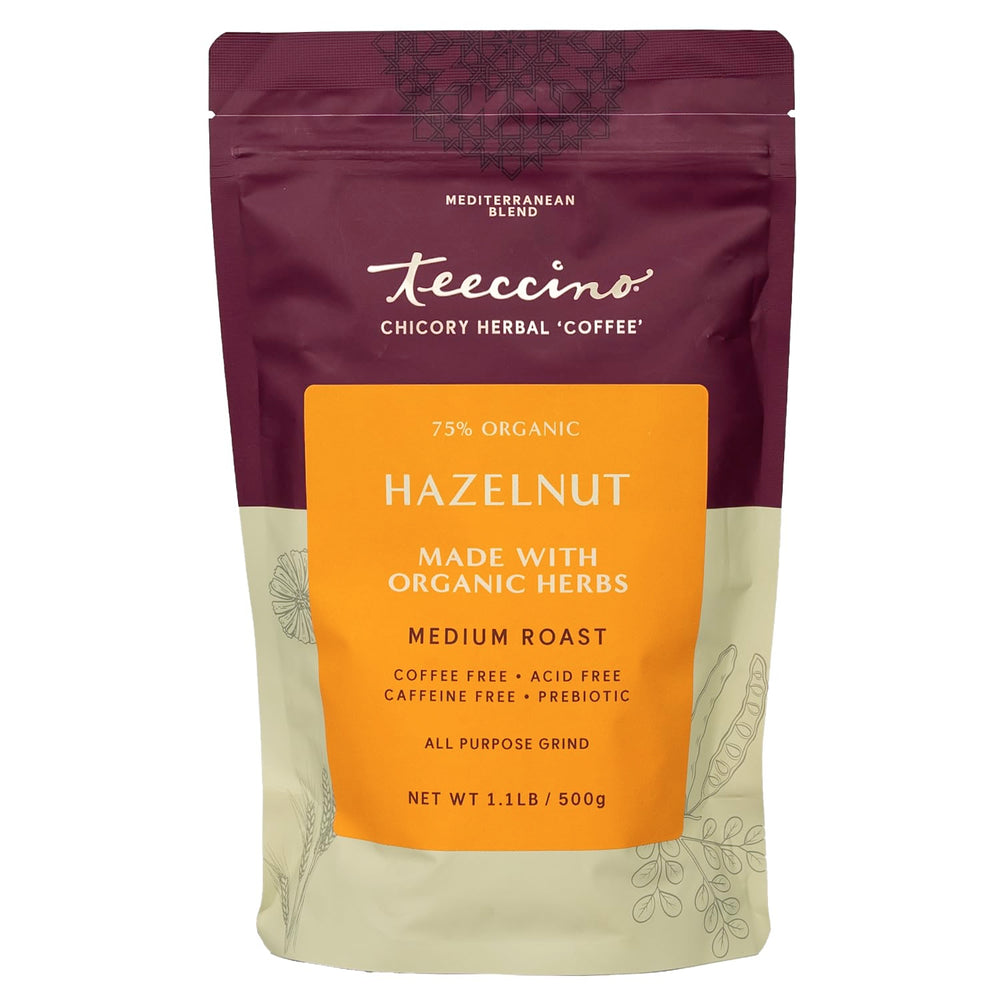 Teeccino Hazelnut Chicory ground coffee pack showing organic blend and aroma.