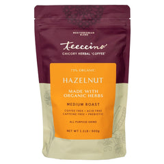 Teeccino Hazelnut Chicory ground coffee pack showing organic blend and aroma.