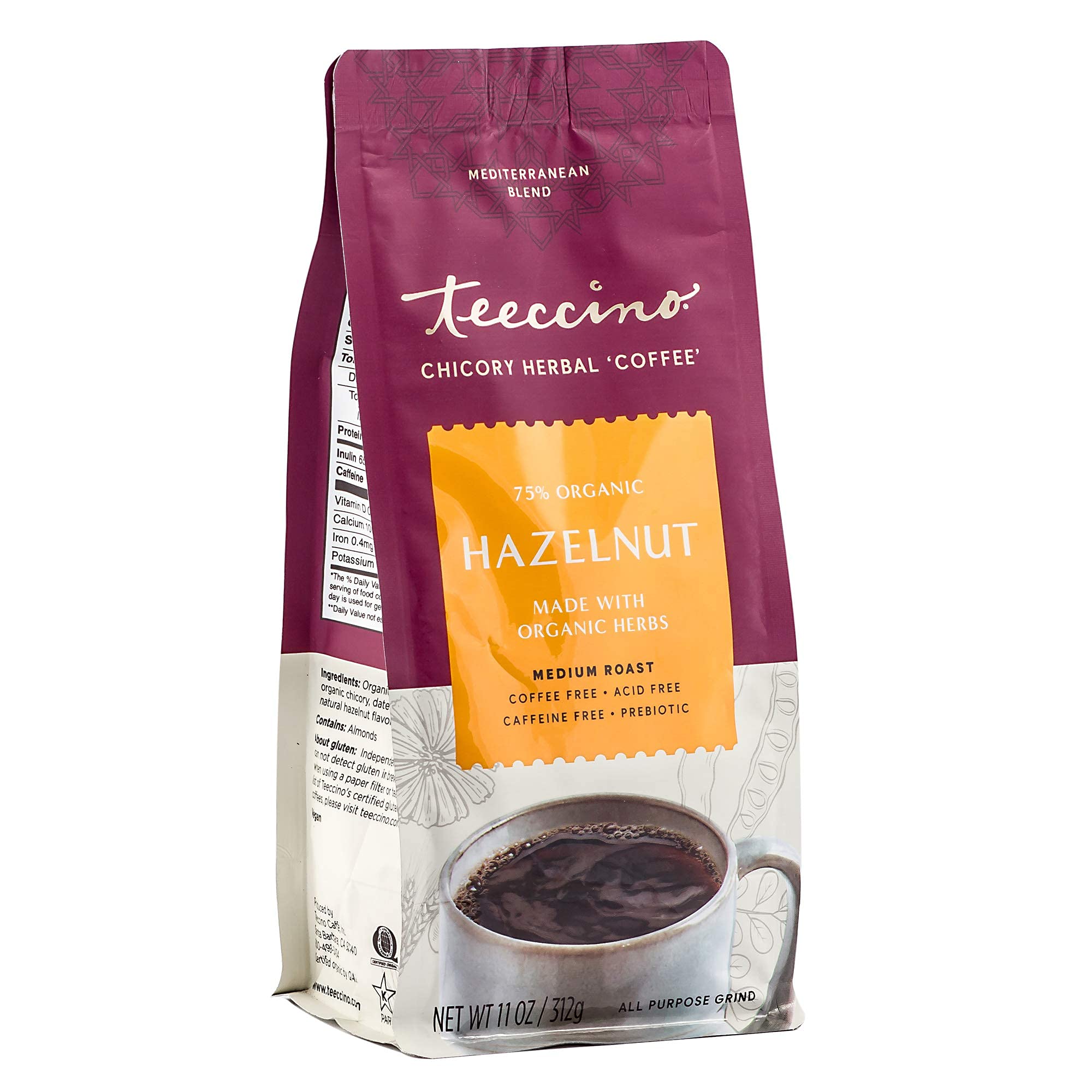 Teeccino Hazelnut Chicory non-GMO organic blend for wholesome beverages.