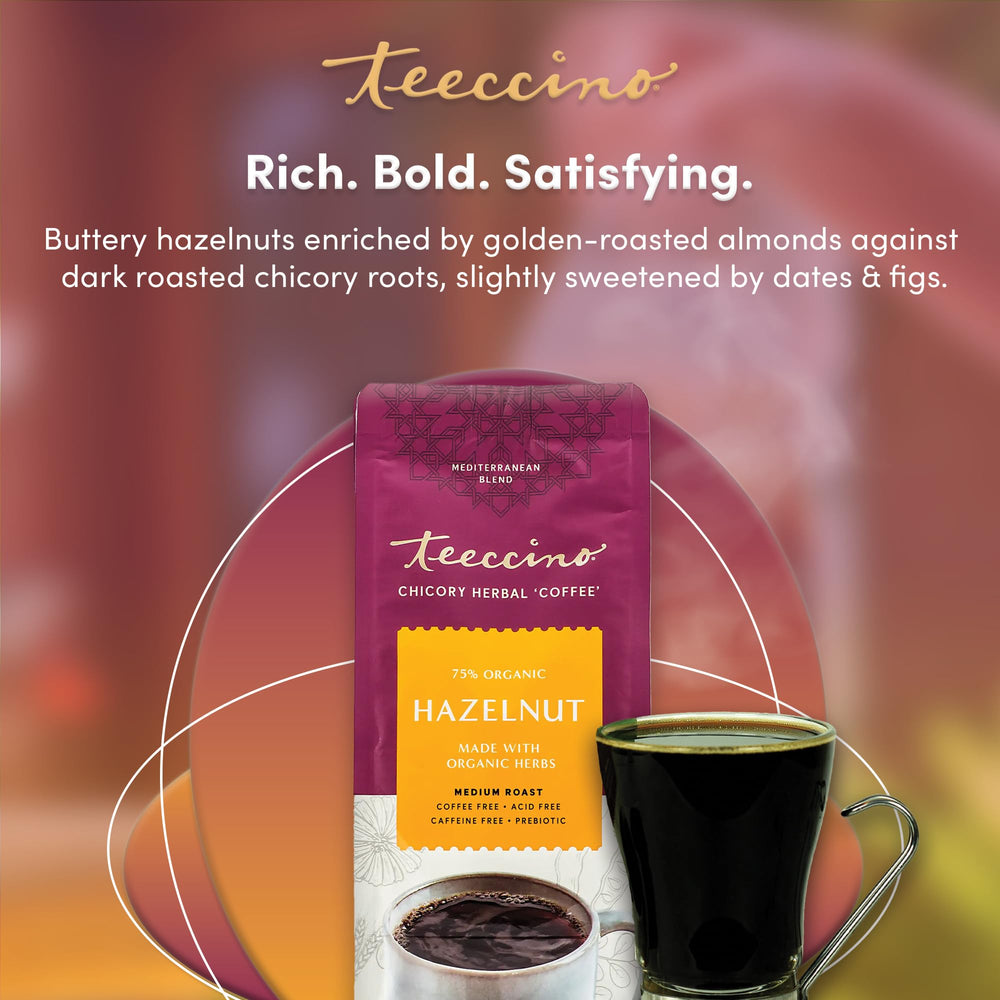 Teeccino Hazelnut Organic Non-GMO herbs in the blend.