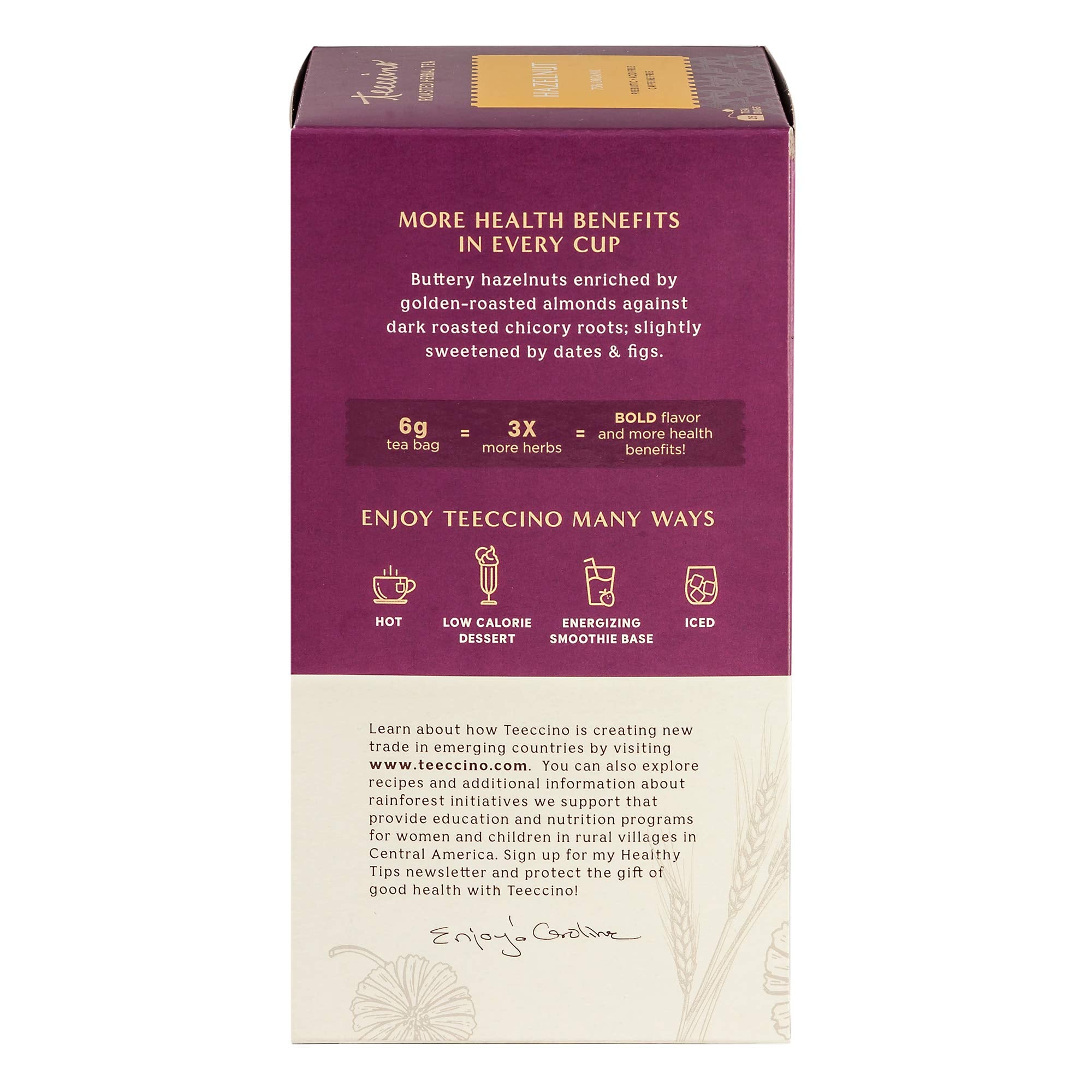 Teeccino Hazelnut Tea packaging label highlighting organic ingredients