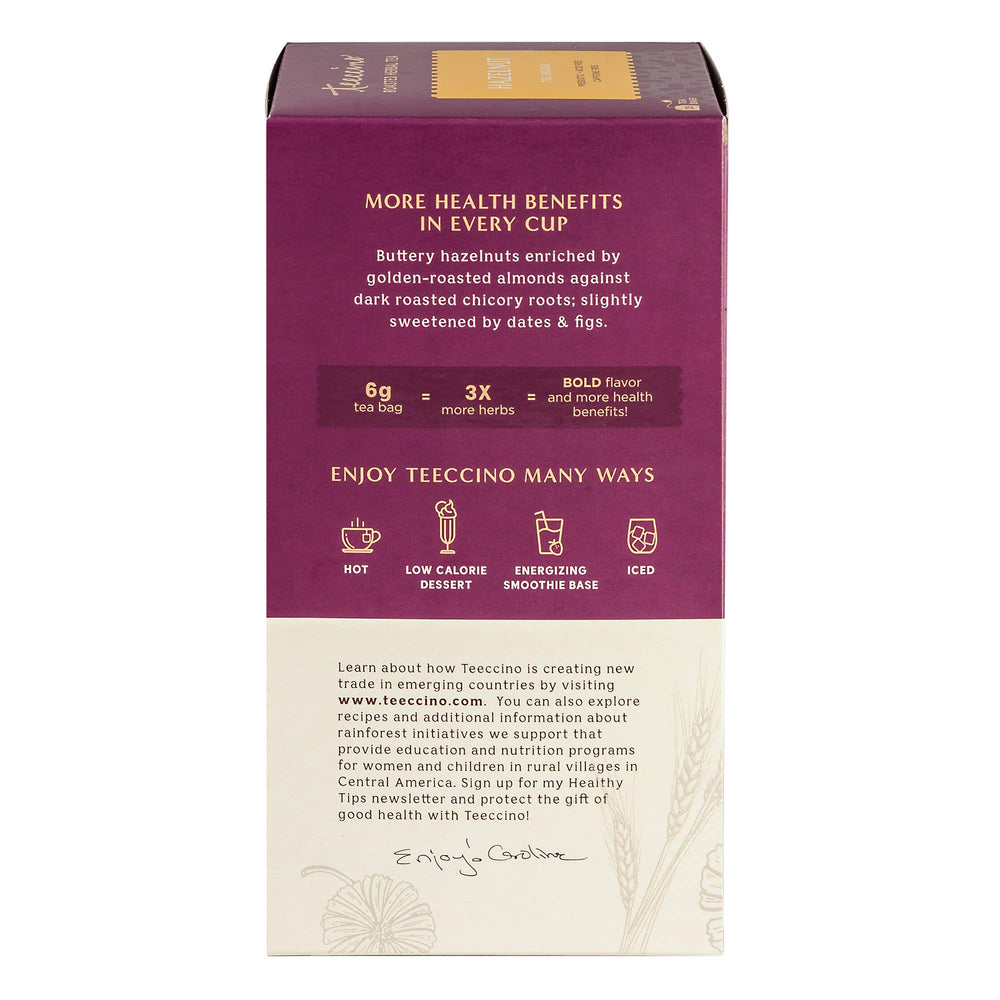 Teeccino Hazelnut Tea packaging label highlighting organic ingredients
