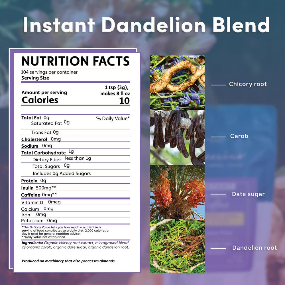 Teeccino Instant Dandelion Blend cup steams with coffee-like aroma, caffeine-free option.
