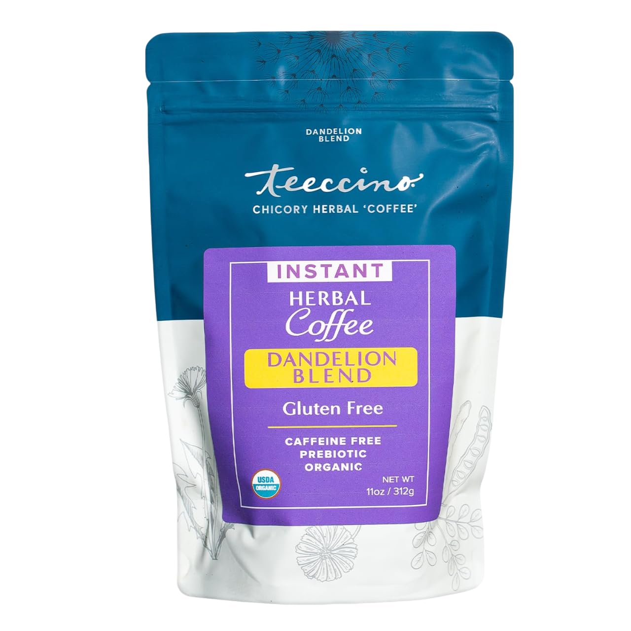 Teeccino Instant Dandelion Blend pack offers gluten-free, instant versatility.