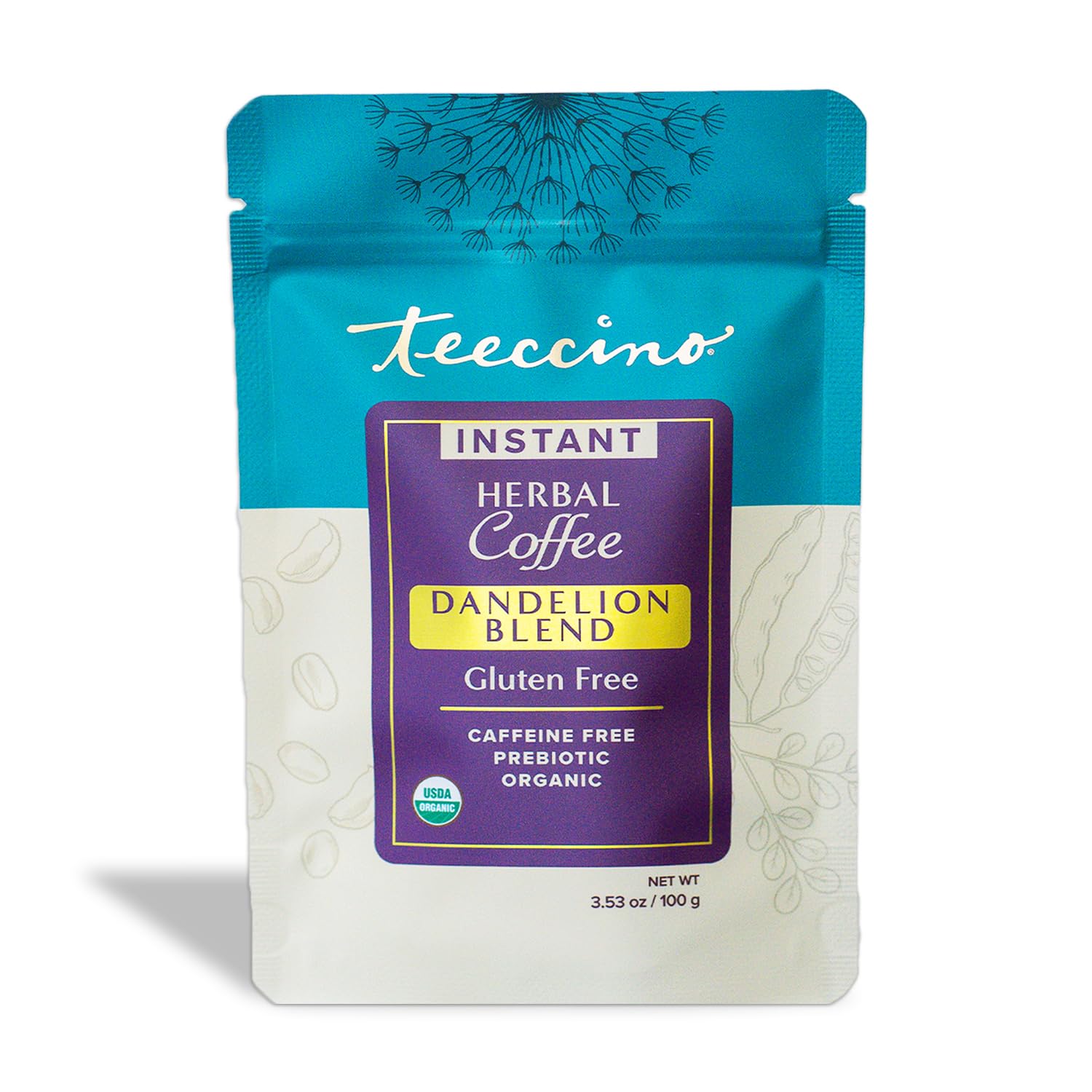 Teeccino Instant Dandelion Blend tin label, gluten-free packaging and organic ingredients.