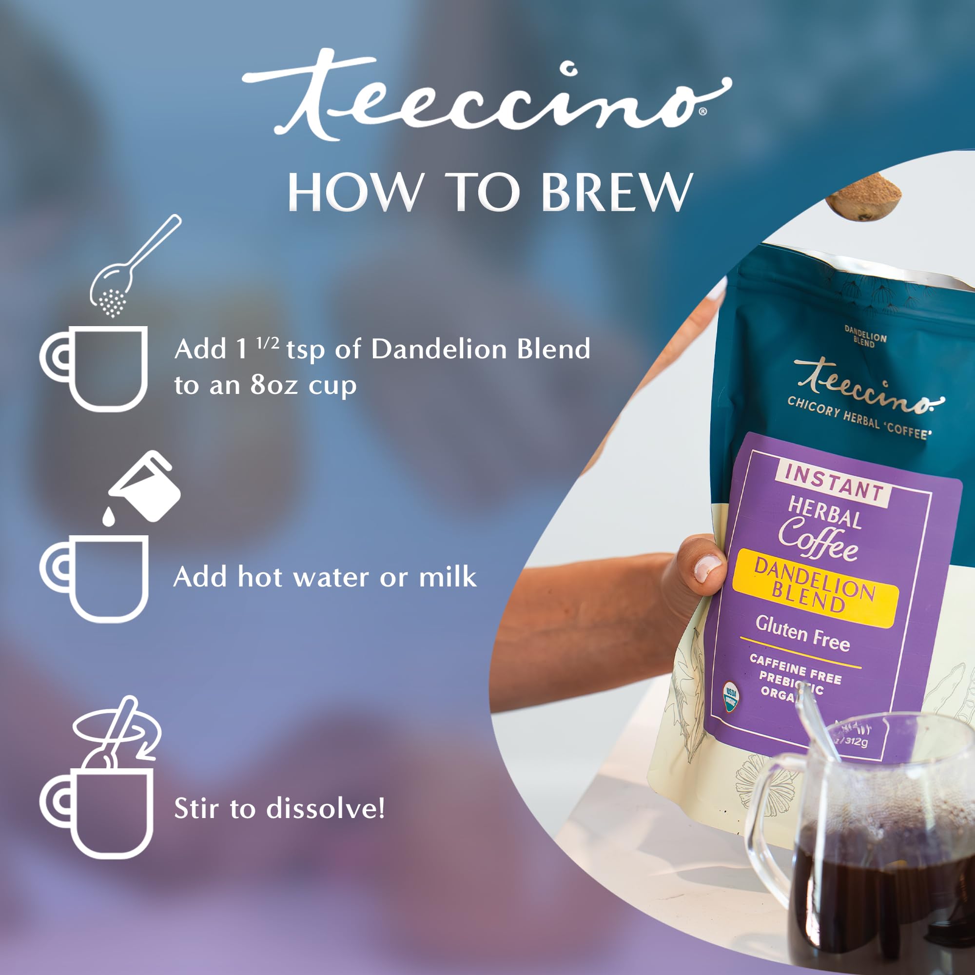 Teeccino Instant Dandelion Iced glass presents a refreshing, digest-friendly beverage option.
