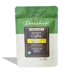 Teeccino Instant French Roast canister: rich, coffee-like flavor without caffeine.