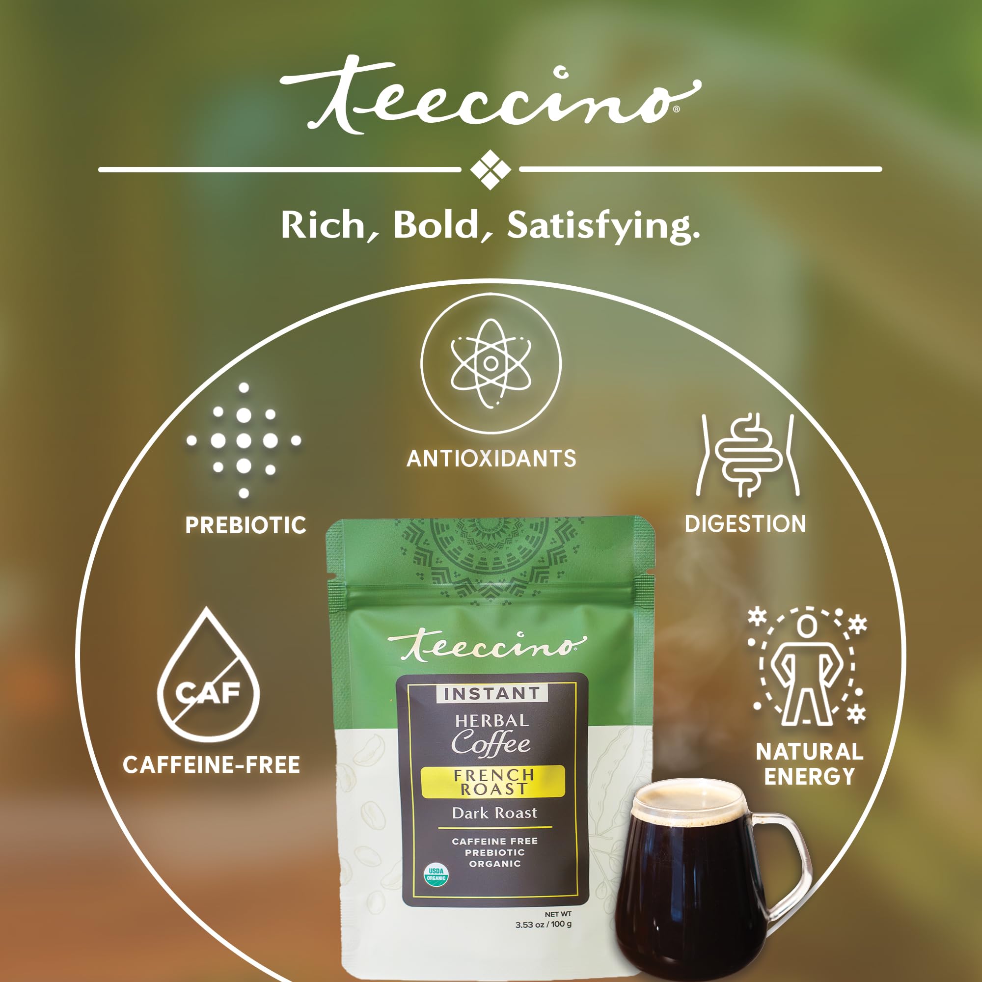Teeccino Instant French Roast poured over ice offers caffeine-free refreshment.