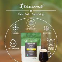 Teeccino Instant French Roast poured over ice offers caffeine-free refreshment.